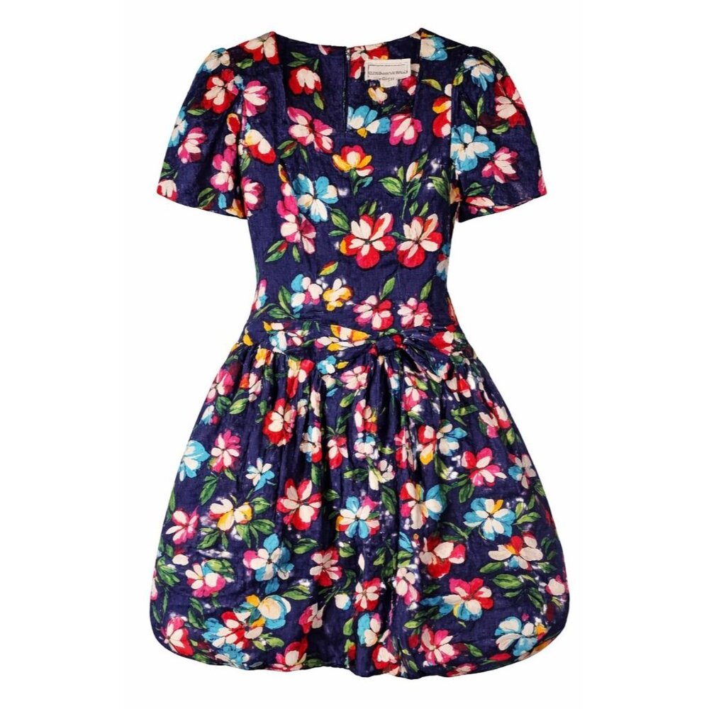 Vintage 80s Connections Floral Puff Bubble Dress Big Bow Detail Scoop Neck, Sz 8